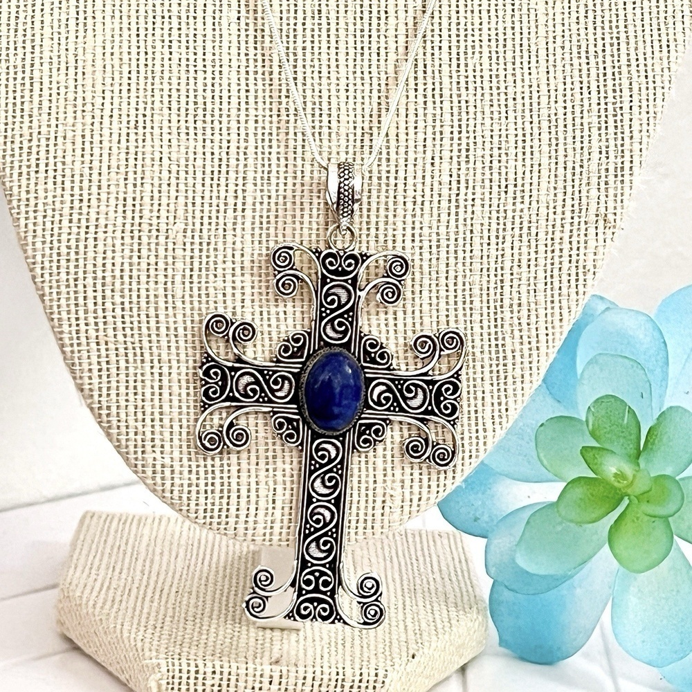 925 Sterling Silver Lapis Lazuli Gemstone Cross Necklace handmade Womens Jewelry